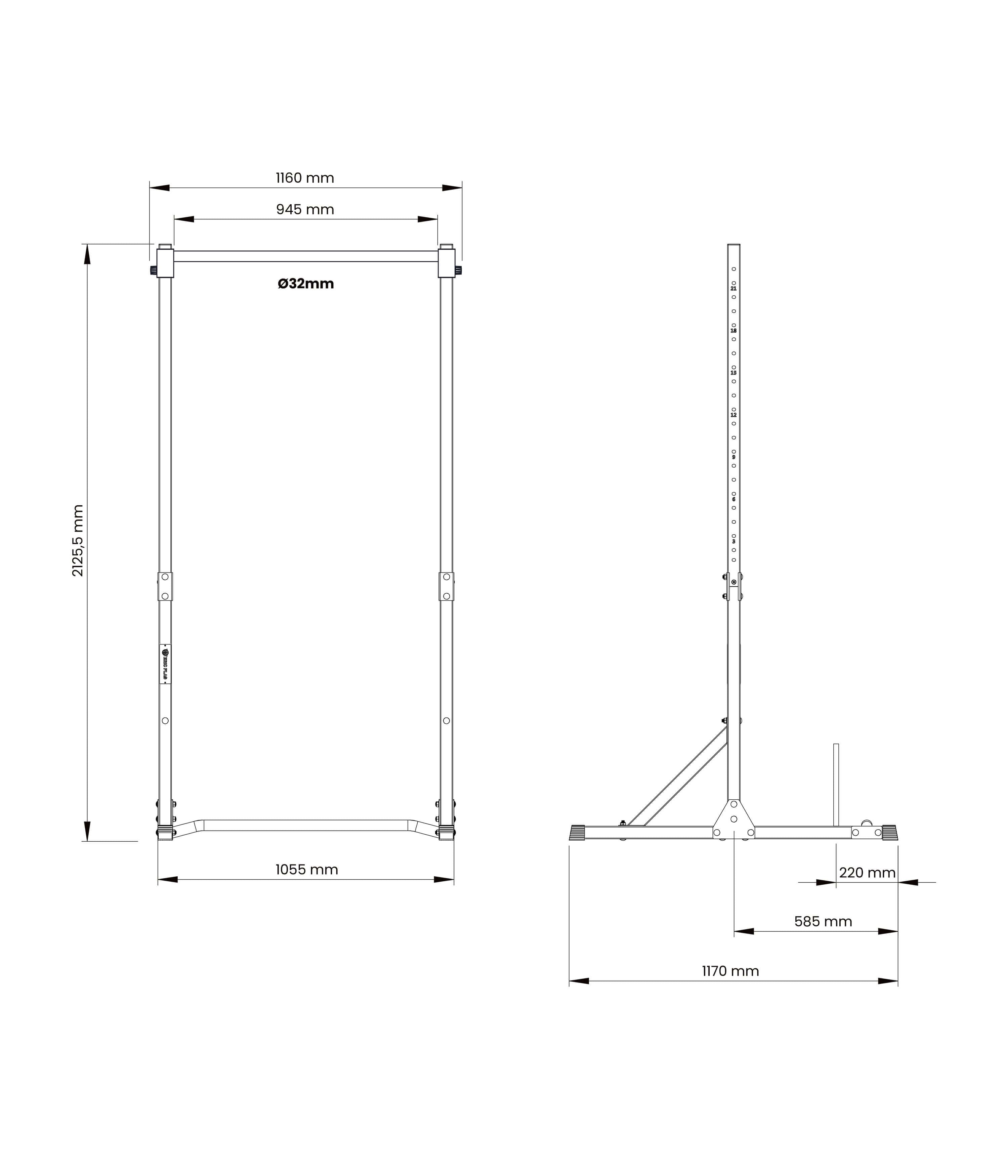 Plan des colonnes de stabilisation pour barre de traction avec dimensions détaillées.